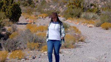 Batı tarzı kıyafetli genç bir kadın Nevada Çölü 'ndeki Red Rock Kanyonu' nda yürüyor. Seyahat fotoğrafçılığı.