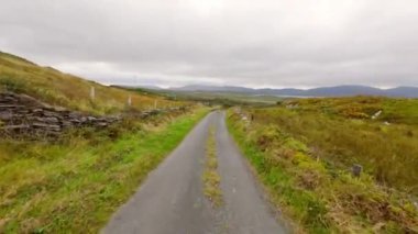 Şaşırtıcı İrlanda - Tipik İrlanda manzarası üzerinde FPV Uçuşu - Sakin bir köy yolu yumuşak bulutlu gökyüzünün altındaki yemyeşil çayırlarda yavaşça kıvrılarak ilerliyor
