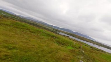 Şaşırtıcı İrlanda - Tipik İrlanda manzarası üzerinde FPV Uçuşu - Sakin bir köy yolu yumuşak bulutlu gökyüzünün altındaki yemyeşil çayırlarda yavaşça kıvrılarak ilerliyor