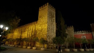 Geceleri ağaçlar ve sokak lambalarıyla parlayan Sevilla Alcazar yakınlarında yürüyen turistler - SEVILLE, SPAIN - 25 Mart 2025