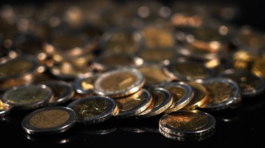 Avro sikkeleri, tasarruf, yatırım ve mali başarıyı temsil eden karanlık bir yüzeye yansıyor