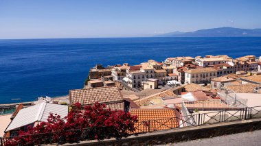 Güney İtalya 'nın Calabria kentindeki Tyrhena Denizi' ne bakan renkli evleri ve kırmızı çiçekleri olan Pizzo Calabro 'nun pitoresk şehri.