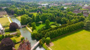 Cambridge Üniversitesi 'nin yemyeşil manzarası güneşli bir yaz gününde nehir kamerasında kayan insanlarla dolu.