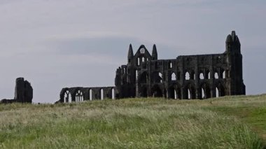 Whitby Abbey 'nin panoramik manzarası, İngiltere' nin Whitby kentindeki North York Moors Ulusal Parkı 'na hakim olan kalıntıları, tarihi mimarisini gözler önüne seriyor.