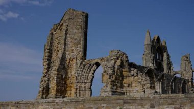 İngiltere, Kuzey Yorkshire 'da açık mavi gökyüzü altında güneş ışığıyla aydınlatılan Whitby Abbey kalıntıları