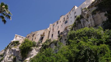Tropea, Calabria 'da, yemyeşil bitki örtüsü ve açık mavi gökyüzü ile beyaz binalar yükseliyor.