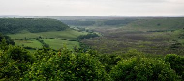 Kuzey York Moors Ulusal Parkı 'nda bulutlu gökyüzü altında uzanan yemyeşil vadi ve tepeler