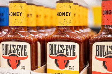 Bal ve özgün çeşitleri de dahil olmak üzere çeşitli tatları içeren canlı bir boğa gözü barbekü sosu sergisi. - FRANKFURT, Almanya - 21 Mart 2025