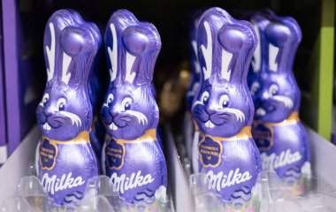 Bu resimde Milka 'dan enfes mor çikolatalı tavşanlar var. Paskalya kutlamaları için harika tasarımları var. - FRANKFURT, Almanya - 21 Mart 2025