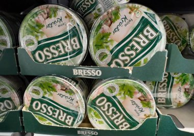 Çekici ambalajlarını ve taze malzemelerini sergileyen canlı bir Bresso krem peynir kutusu gösterisi. - FRANKFURT, Almanya - 21 Mart 2025