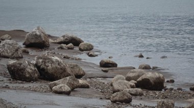 VANCOUVER, CANADA - 11 Nisan 2017 - Kanada 'nın Vancouver kentindeki İngiliz Körfezi kıyılarında sakin suları olan büyük kayalar