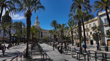 İspanya 'nın Cadiz kentindeki San Juan de Dios meydanında metal çitler kuran işçiler, arka planda palmiye ağaçları ve belediye binası - CADIZ, SPAIN - 26 Mart 2025