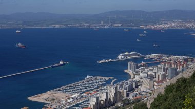Gibraltar Limanı 'nın güneşli bir günde seyahat gemisi ve kargo gemileriyle hava görüntüsü - GIBRALTAR, İngiltere - 31 Mart 2025