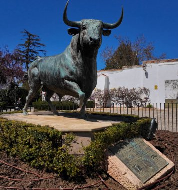 Bronz boğa heykeli gururla Ronda 'nın ikonik boğa ringinin önünde duruyor - RONDA, İspanya - 28 Mart 2025