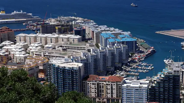 Gibraltar 'ın hava manzaralı konut binaları, bir yolcu gemisi ve bir marina, yüksek görüş açısına sahip GIBRALTAR, İngiltere - 31 Mart 2025