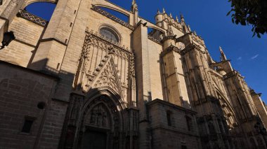 Mavi gökyüzünün altında gotik süslemeleri olan Seville Katedrali 'nin alçak açılı görüntüsü