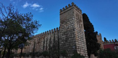 Sevilla Alcazar 'ının savunma duvarları ağaçlar ve elektrik direkleriyle mavi gökyüzüne doğru yükseliyor.