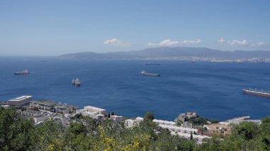 Arkada Algeciras şehri ile birlikte Cebelitarık Boğazı 'nda hareket eden kargo gemileri.