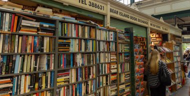 CARDIFF, İngiltere - 8 AĞUSTOS 2025 - Kitaplık renkli kitaplar Cardiff Market 'teki Bear Island Kitap Borsası' nda sergileniyor.