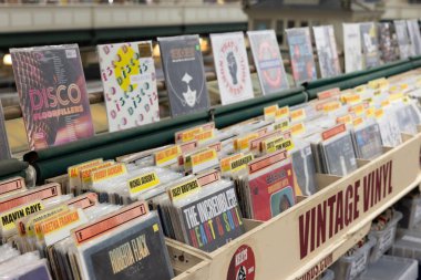 CARDIFF, İngiltere - 8 AĞUSTOS 2025 - Cardiff, Galler 'deki bir plak dükkanındaki çeşitli sanatçıların vinil plaklarını taramak
