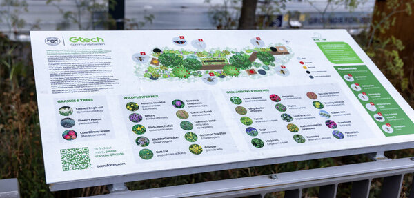 LONDON, UK - AUGUST 5, 2025 - Detailed information board presenting planting scheme, plant species, and pollinators in Gtech Community Garden, fostering urban biodiversity and community engagement