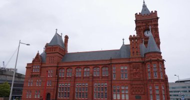 CARDIFF, İngiltere - 8 AĞUSTOS 2025 - Cardiff Bay 'deki sembolik Pierhead Binası, kırmızı tuğla muhafaza mimarisi ve bulutlu bir gökyüzüne karşı önde gelen saat kulesini gözler önüne seriyor.