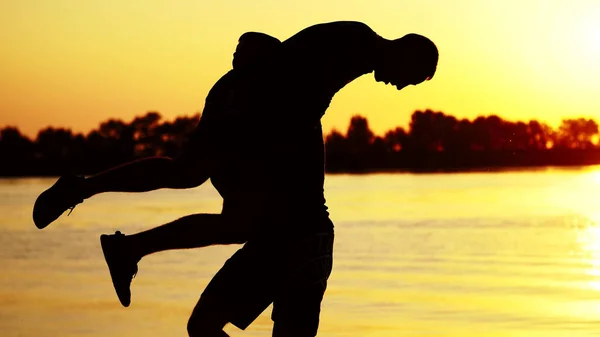 Two Dark Male Figures Sunrise Light Boxing Fighting Sparring Training — Stock Photo, Image