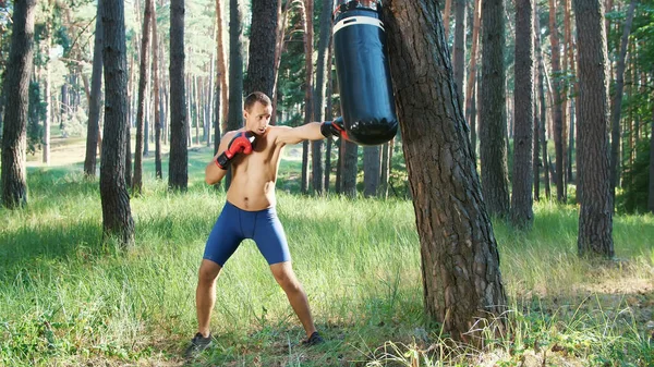 글러브를 선수는 헐벗고 몸통이 상자를 백으로치는 기술을 소나무 숲에서 여름에 — 스톡 사진