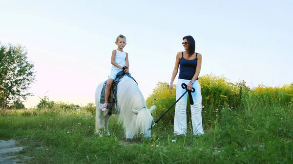 Kvinna Och Pojke Går Runt Fältet Sonen Rider Ponny Modern — Stockfoto