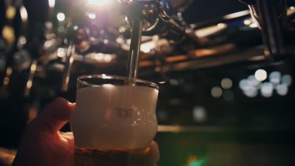 Barman Derrama Cerveja Copo Vista Perto Barmans Mão Enchimento Vidro — Vídeo de Stock