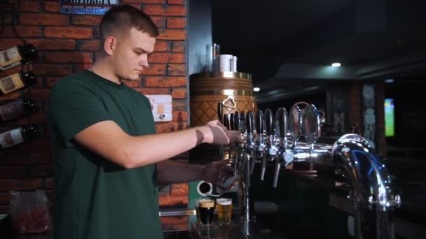 Bartender Pours Beer Glass Barman Filling Glass Beer Bar Table — Stock Video