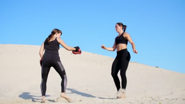 Две Атлетичные Молодые Женщины Черных Костюмах Занимаются Парой Тренируются Ногами — стоковое видео