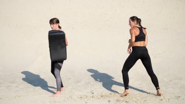 Två Atletisk Unga Kvinnor Svart Fitness Kostymer Engagerade Ett Par — Stockvideo