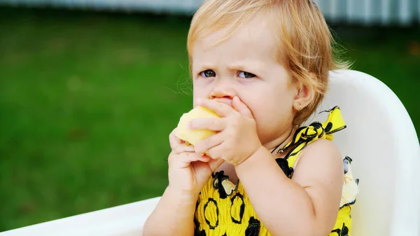 Summer Garden Portrait One Year Old Pretty Blond Girl Eating — Stock Photo, Image
