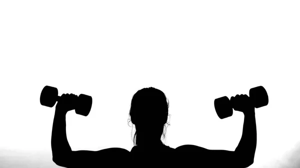 Białym Tle Cień Czarny Zarys Kobiecej Sylwetki Wykonującej Ćwiczenia Mięśnie — Zdjęcie stockowe