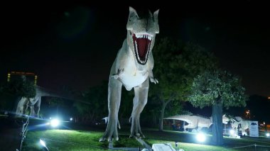 Dubai Garden Glow Park 'taki Dinozor Parkı, gece aydınlandı. Bir sürü farklı dinozor, canlı görünüyorlar. Yüksek kalite fotoğraf