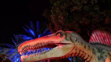 Dubai Garden Glow Park 'taki Dinozor Parkı, gece aydınlandı. Bir sürü farklı dinozor, canlı görünüyorlar. Yüksek kalite fotoğraf