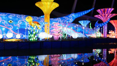 DUBAI, BİRLİK ARAB EMIRATES, BAE - 20 Kasım 2017: Dubai Garden Glow Park gece aydınlandı. Yüksek kalite fotoğraf