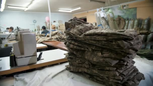 Textile Factory Clothing Manufacturing Factory Seamstresses Sew Fabric Items Military — 图库视频影像