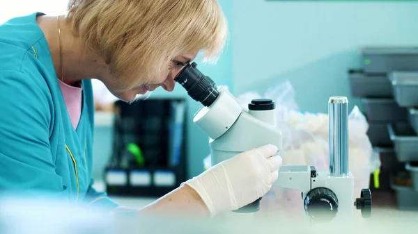 portrait of lab worker, biochemist in white gloves, studying, examines something with microscope, in laboratory. Science laboratory research, biotechnology, GMO concept. High quality photo