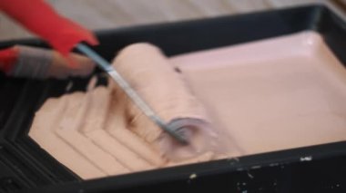  Paten boyama. Boyaya daldırmak ve özel plastik bir tepside yuvarlamak. resim için hazırlık. Boyama işlemi. Onarım. Duvar resmi. yakın plan.