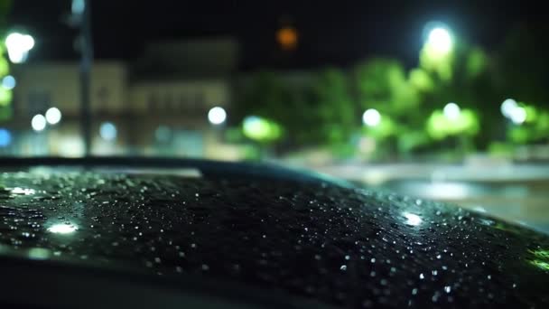 Car Roof Raindrops Rain Rain Night Light Rainfall Close Rainfall — Stock Video