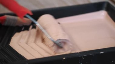  Paten boyama. Boyaya daldırmak ve özel plastik bir tepside yuvarlamak. resim için hazırlık. Boyama işlemi. Onarım. Duvar resmi. yakın plan.