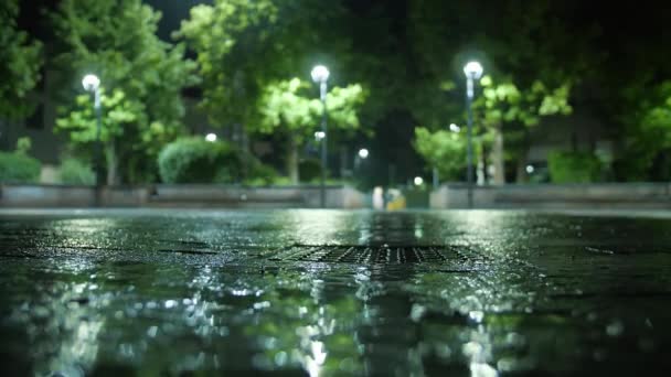 Esik Eső Éjszakában Könnyű Esőzés Közelkép Esőről Pocsolyában Egy Tócsa — Stock videók