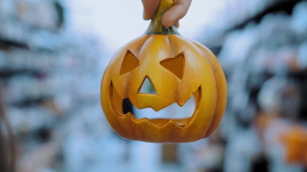 Halloween Lámpara Cerámica Para Vela Forma Calabaza Primer Plano Lámpara — Vídeos de Stock