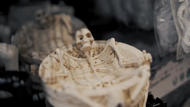 Halloween Van Koponyák Csontvázak Közelkép Hamutartók Csontvázakkal Kerámia Figurák Képekkel — Stock videók