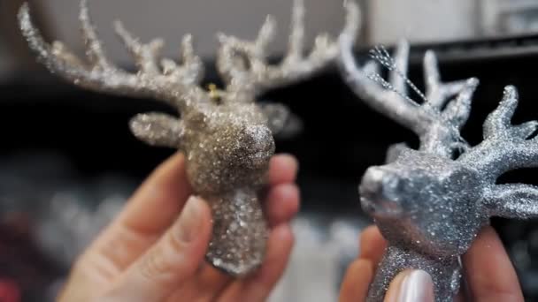 Christmas Decorations Close Christmas Decorations Form Golden Silver Deer Christmas — Stock Video