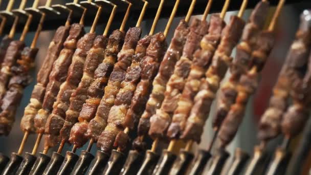 Daging Makanan Jalanan Close Daging Panggang Shashlik Rusuk Goreng Memasak — Stok Video
