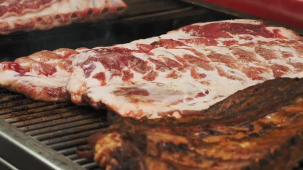 Carne Comida Callejera Primer Plano Carne Parrilla Shashlik Costillas Fritas — Vídeos de Stock