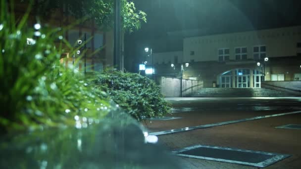夜晚的雨 降雨的特写 一拥而上的水淹没的道路 城市人行道上灯火通明 挤作一团 晚安城市在夜间 — 图库视频影像